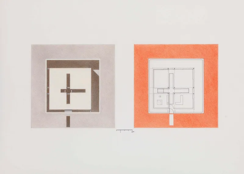 Paired plan drawings showing ground and upper levels with central circulation core