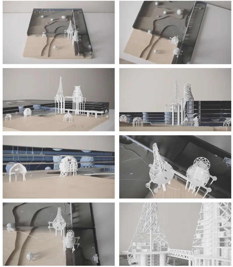 Conceptual site model exploring the transformation of abandoned oil rigs into a futuristic underwater art village.