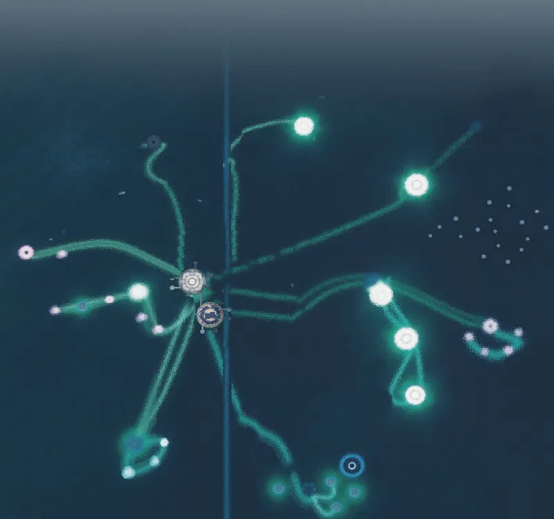 Illuminated marine network diagram visualizing underwater circulation and connected ocean habitats.