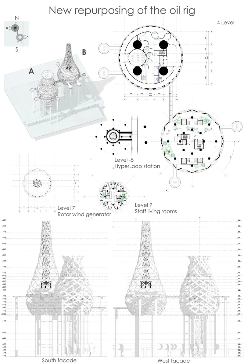 Adaptive reuse architecture proposal reimagining offshore oil infrastructure as a cultural and residential marine hub.