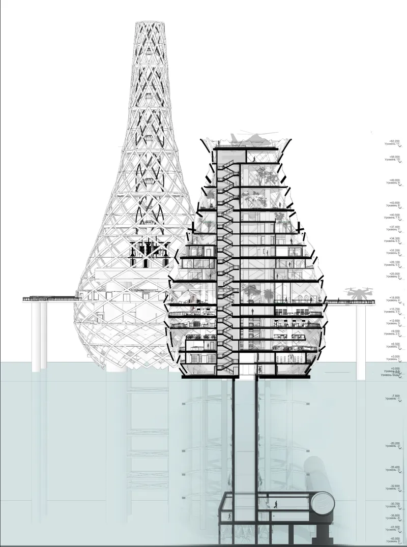 Sectional drawing revealing the layered spatial organization of the underwater architecture concept.