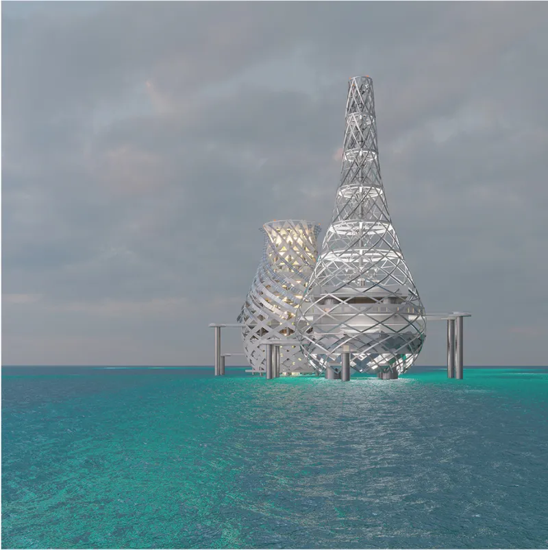 Sculptural offshore towers rising above the Adriatic Sea as symbols of futuristic ocean architecture.