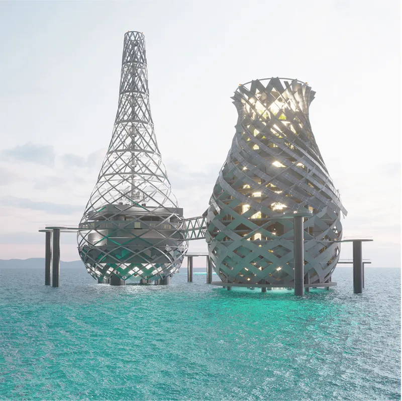 Parametric lattice structures create an iconic floating art village integrated with the marine environment.