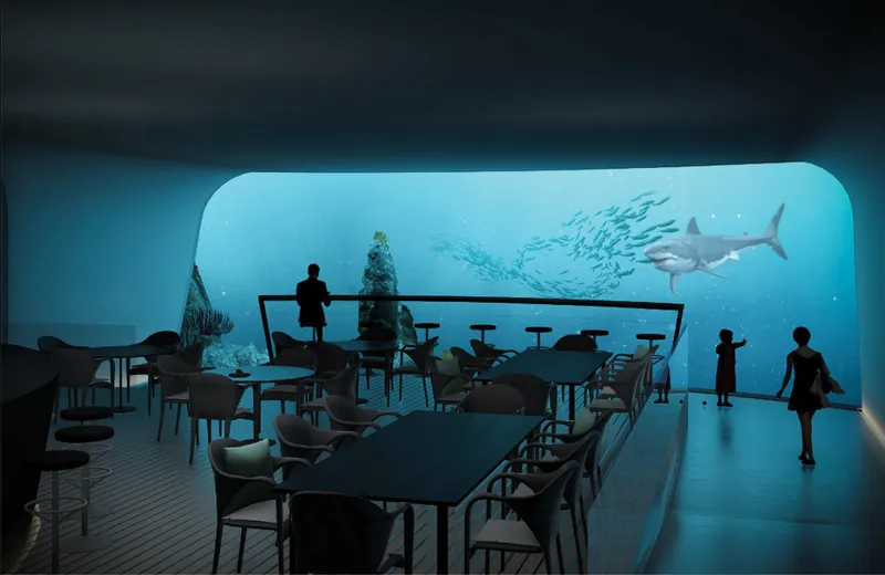 Underwater exhibition lounge creates an immersive viewing experience surrounded by marine life and ocean ecosystems.