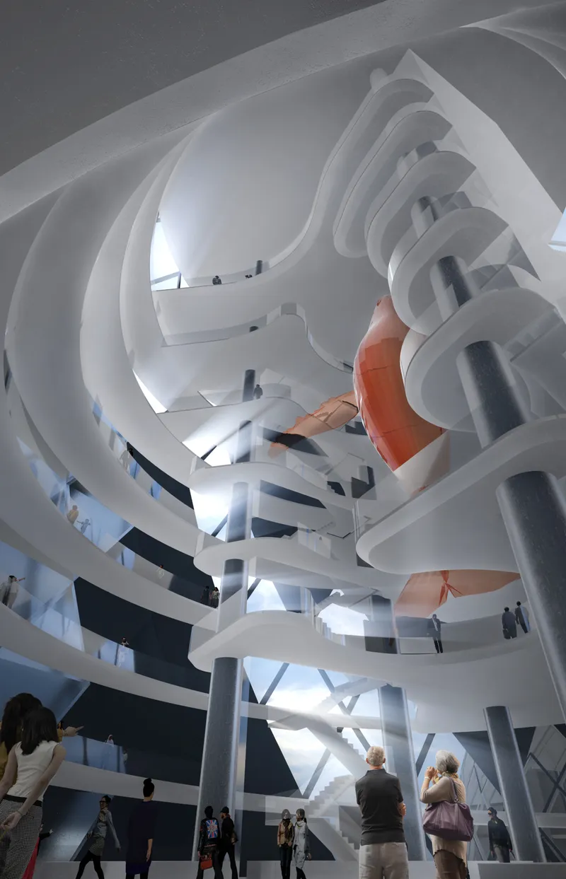 Fluid circulation paths and sculptural interior forms define the futuristic spatial experience of the marine cultural center.