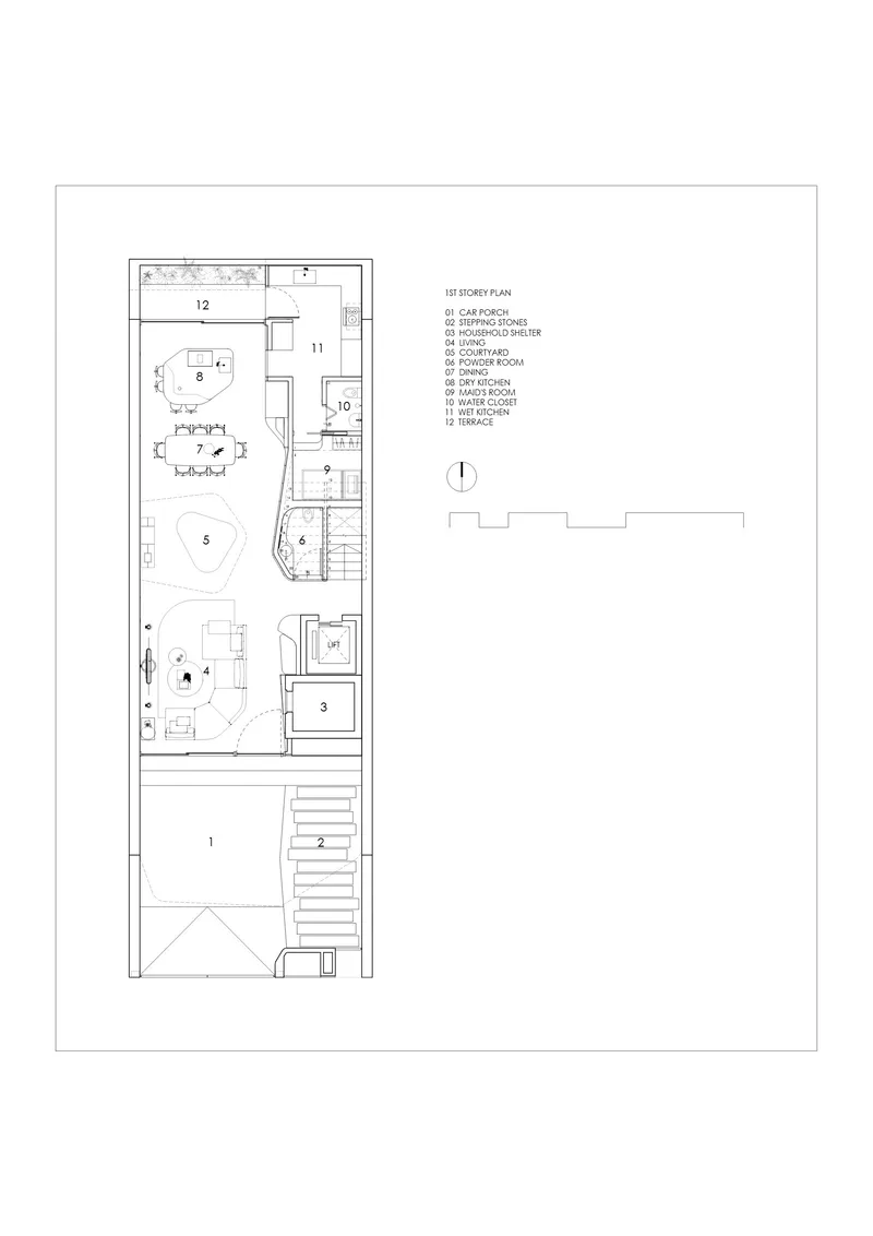 Floor plan drawing showing a narrow linear layout with stair and multiple small rooms