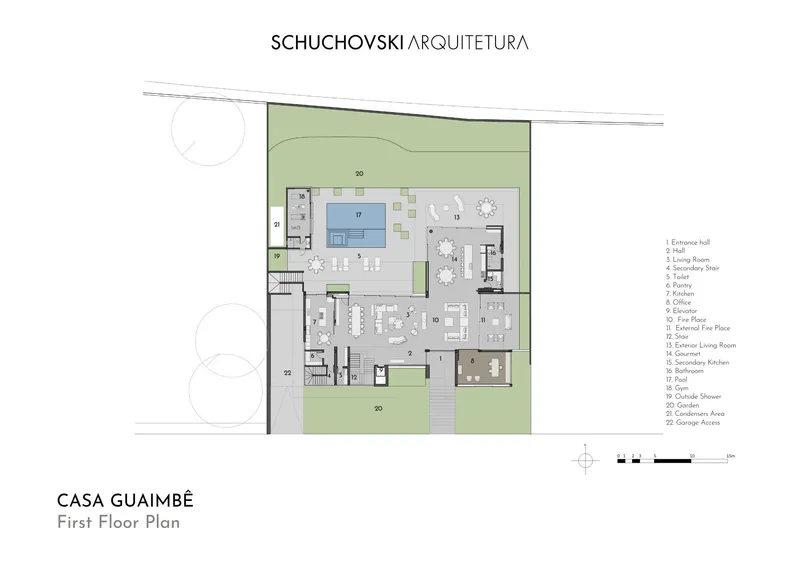 First floor plan drawing showing open living spaces arranged around pool and courtyard areas
