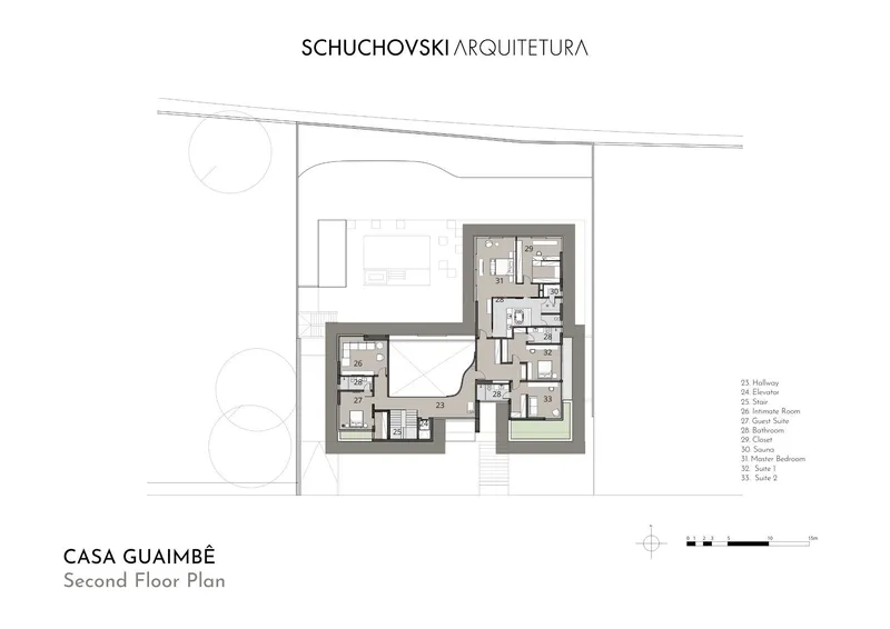 Second floor plan drawing showing rooms arranged around a central courtyard with pool