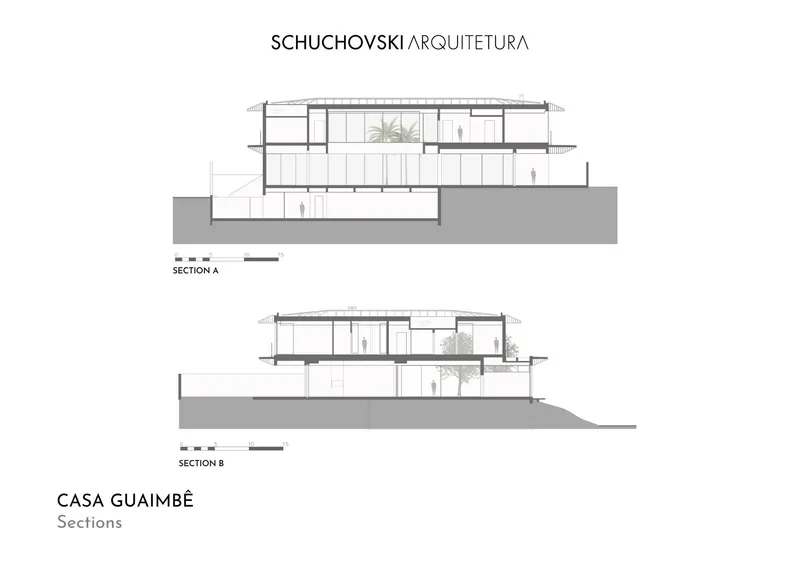 Section drawings showing two-story volumes with flat roofs set into sloping terrain