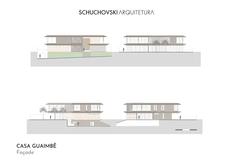 Elevation drawings showing four facade views of the horizontal volumes with palm trees