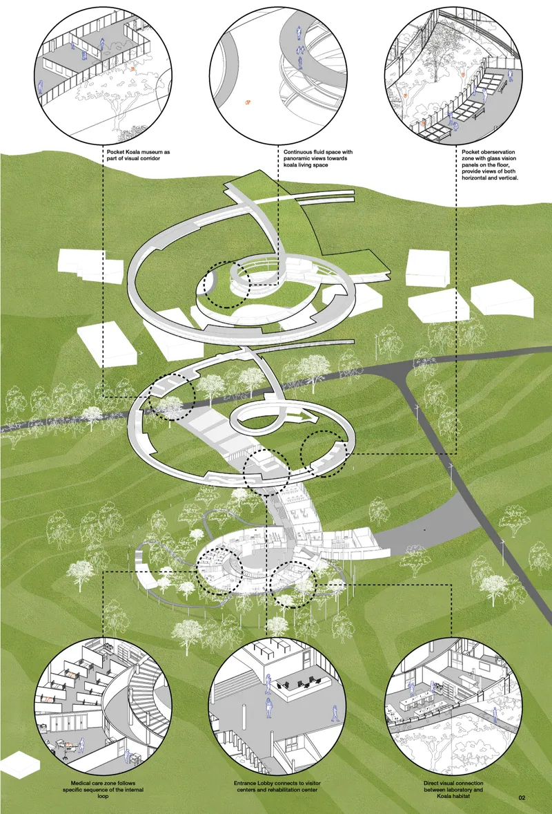 Layered circulation loops organize visitor experiences, rehabilitation functions, and protected koala habitats within a continuous architectural system.