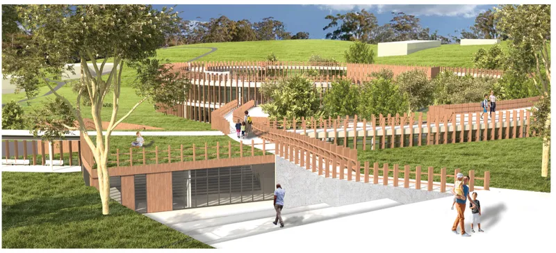 Curving pathways and green roofs merge architecture with the terrain, creating a seamless transition into the conservation center.