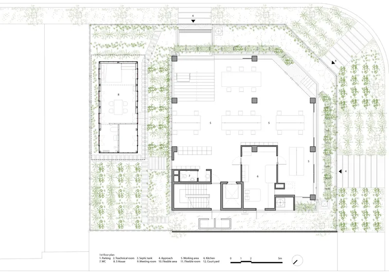Ground floor plan drawing with pool terrace and planted perimeter beds on three sides