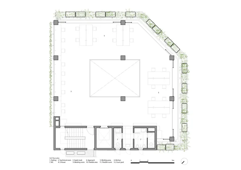 Second floor plan drawing showing office spaces around a central volume with corner planters