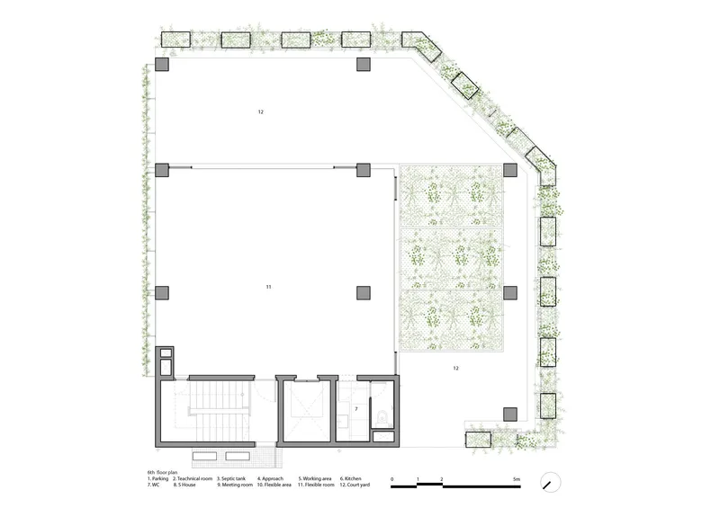 Floor plan drawing showing two open areas with a planted courtyard zone and perimeter landscaping