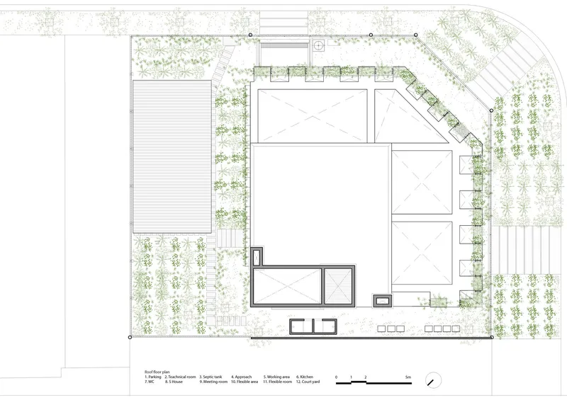 Site plan drawing showing building volumes surrounded by planted zones and paved areas
