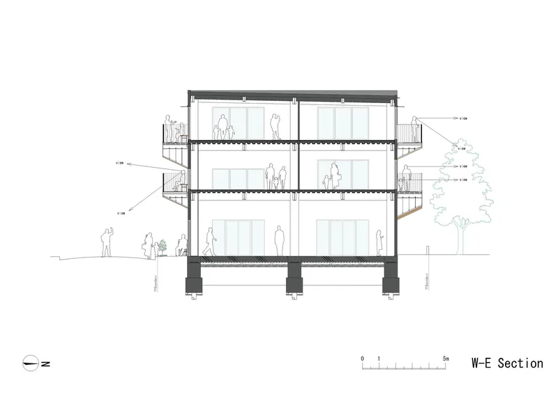 West-east section drawing revealing three stacked floor levels with concrete slabs, balconies, and rooftop plant room