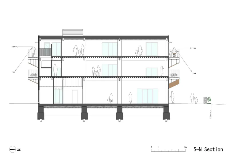 South-north section drawing showing staggered balconies, central stair void, and structural foundation piers with figures for scale