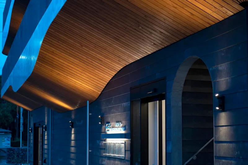 Entry canopy with timber slat ceiling and dark horizontal cladding illuminated at dusk
