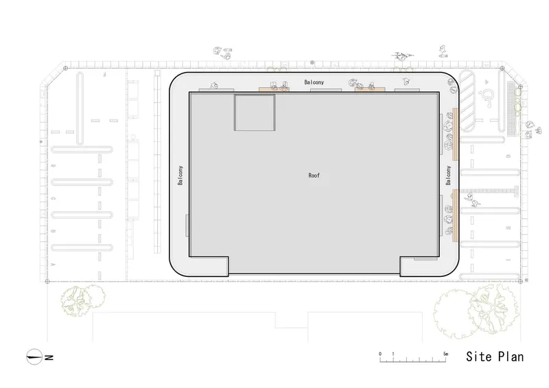 Site plan drawing showing rectangular roof with continuous balcony and surrounding parking and landscape elements