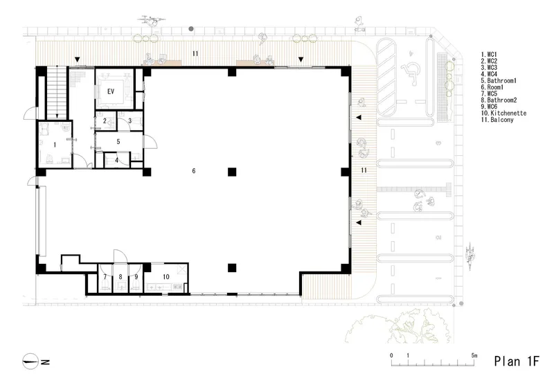 First floor plan drawing with labeled rooms and exterior balcony wrapping the main volume