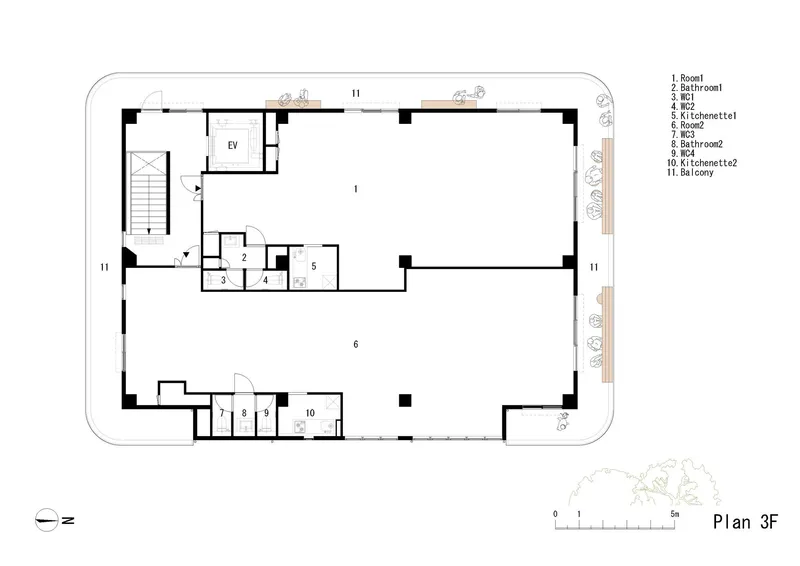 Third floor plan drawing showing the central stair and elevator serving dual open areas with perimeter balconies