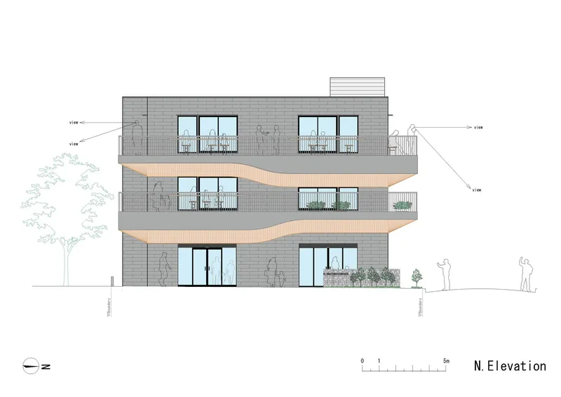 North elevation drawing showing three-story brick facade with recessed balconies and timber-clad wavy floor plates