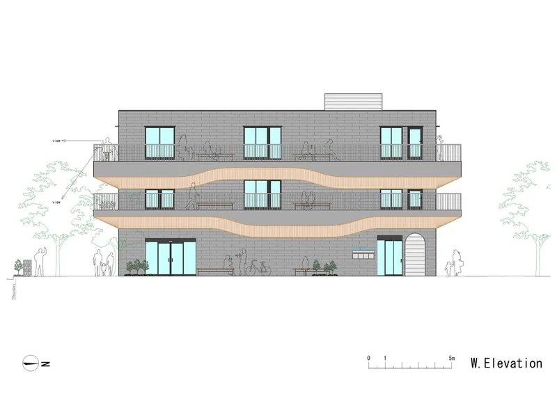West elevation drawing showing layered facade with undulating timber bands between grey brick and glazed openings
