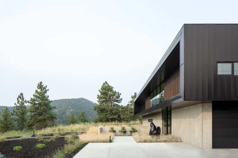 Concrete walkway passes the cantilevered black metal and timber volume with a seated figure in shadow