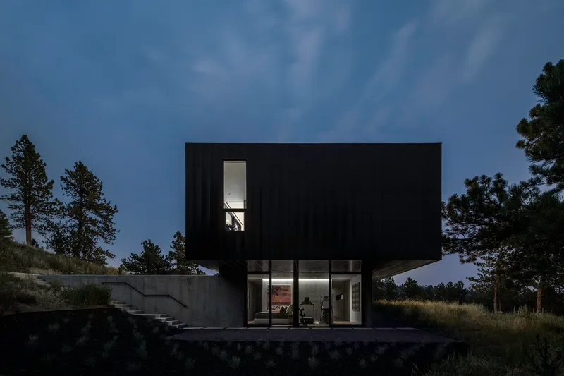 Two-story black facade with vertical window and full-height glazing flanked by pines at night