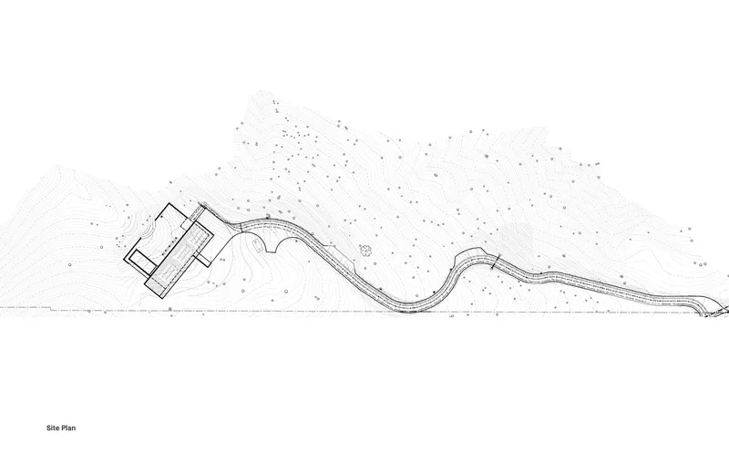 Site plan drawing showing an undulating structure embedded in topographic contours and vegetation
