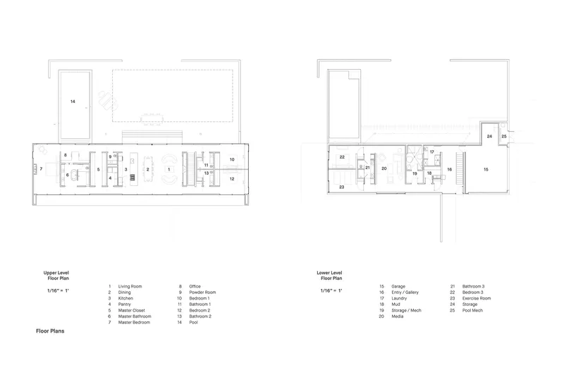 Floor plan drawings showing upper and lower levels with numbered room layouts