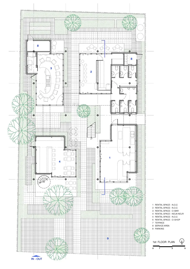 First floor plan drawing showing rental spaces arranged around a central courtyard with tree symbols