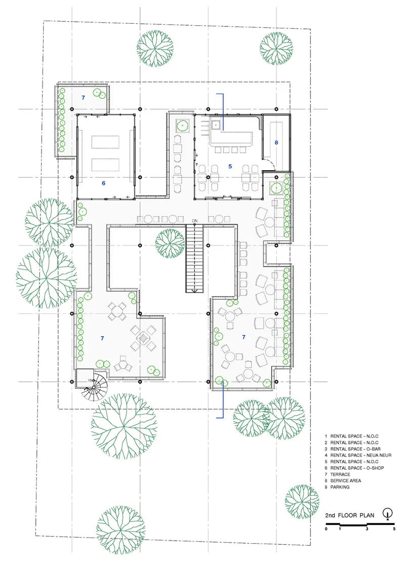 Second floor plan drawing depicting residential units and terraces with planted edges