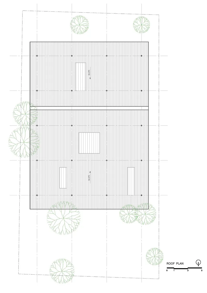 Roof plan drawing showing two rectangular volumes with skylights and surrounding tree canopies
