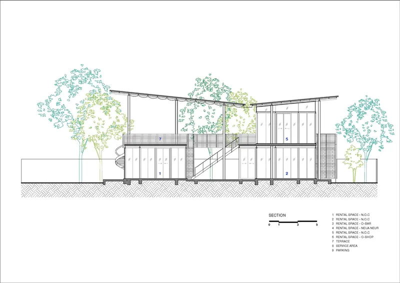 Section drawing showing split-level interior spaces with a staircase and adjacent trees