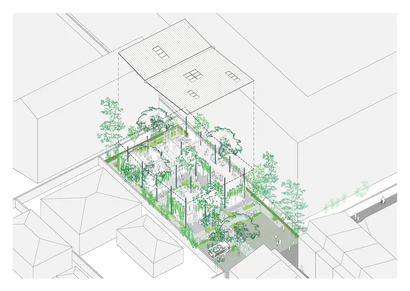 Axonometric drawing depicting a courtyard filled with planted trees between building volumes