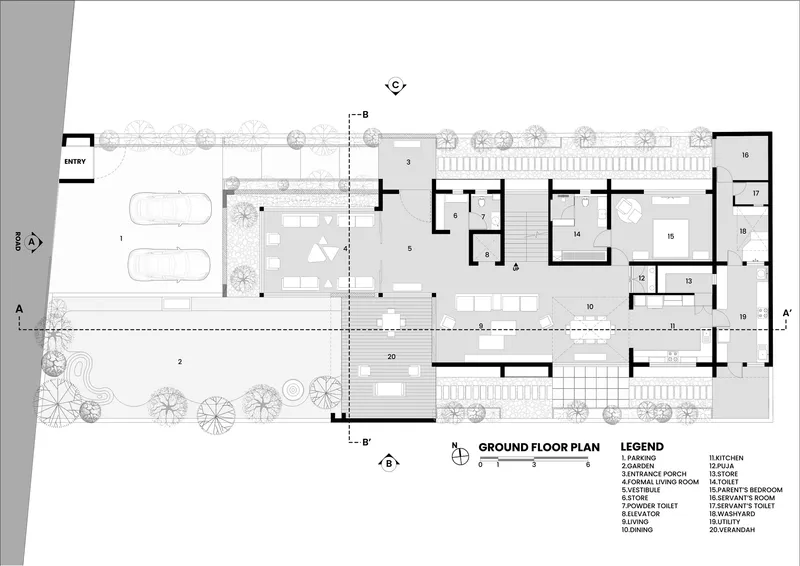 Ground floor plan drawing showing parking, entrance porch, living areas, bedrooms, and landscaped courtyards