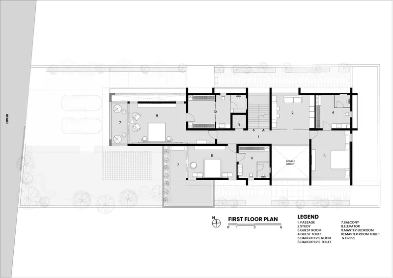 First floor plan drawing showing living areas, terrace, and bedrooms arranged around a central staircase