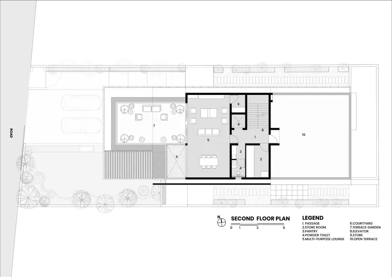 Second floor plan drawing showing a multi-purpose lounge, courtyard, and terrace with adjacent service areas