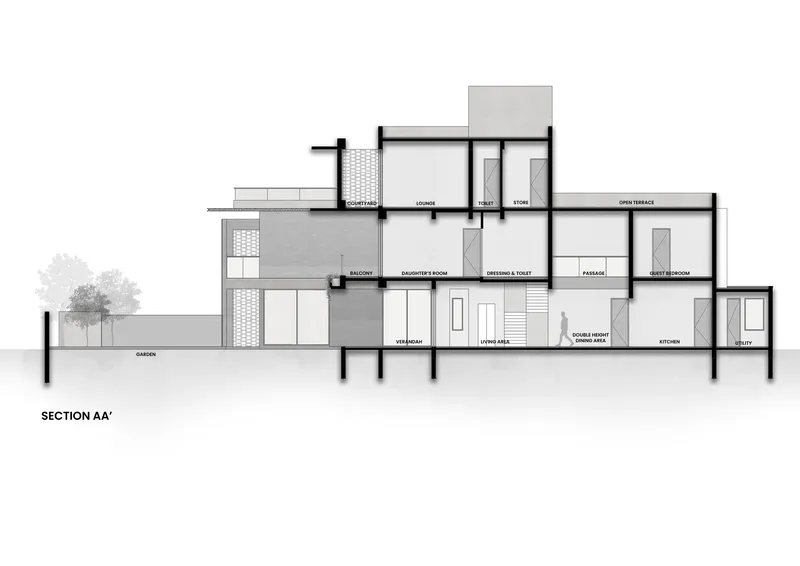 Section drawing showing split-level interior spaces with a garden tree at the left edge