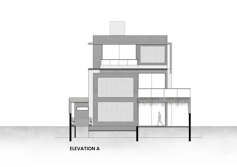 Elevation drawing showing stacked volumes with perforated screens, glazing, and a figure visible in the passage