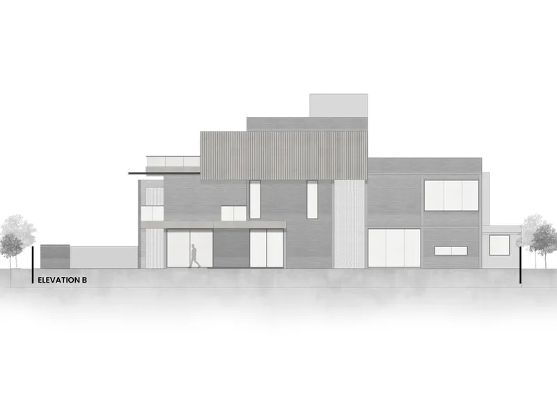 Elevation drawing showing staggered volumes with horizontal siding and varied window openings with trees at grade