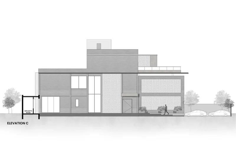 Elevation drawing depicting a two-story facade with mixed cladding and figures walking at street level