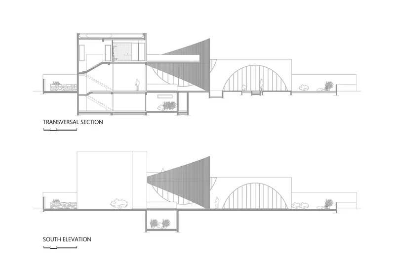 Transversal section and south elevation drawings showing a multi-level interior with staircase, triangular roof volume, and vaulted structure