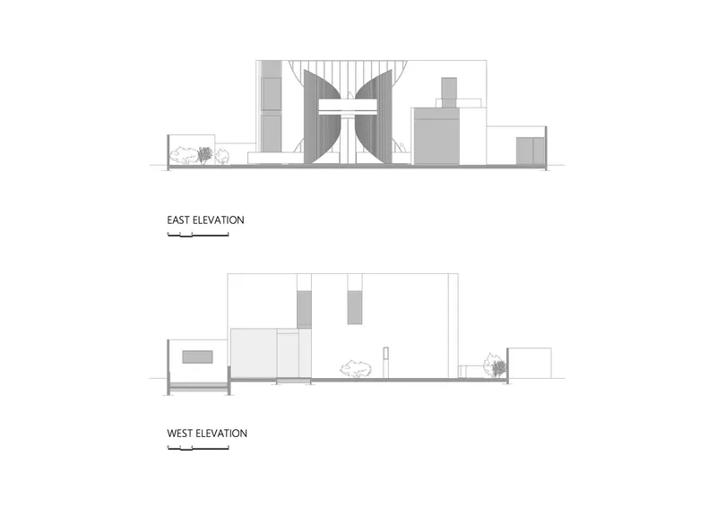 East and west elevation drawings depicting vertical buttress-like elements and flat-roofed volumes with scattered vegetation