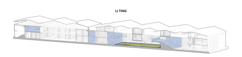 Longitudinal section drawing showing undulating roofline above blue highlighted interior volumes and a green courtyard strip