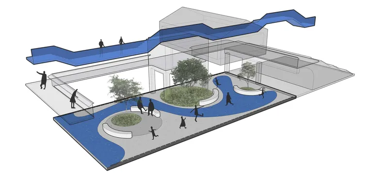 Axonometric drawing showing a courtyard with curved blue water features, planted beds, trees and figures