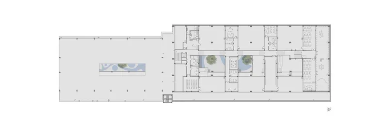 Floor plan drawing showing an open hall adjacent to smaller rooms with two planted courtyards