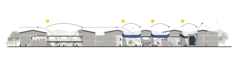 Section drawing illustrating arched roof forms over interior spaces with trees flanking the ends